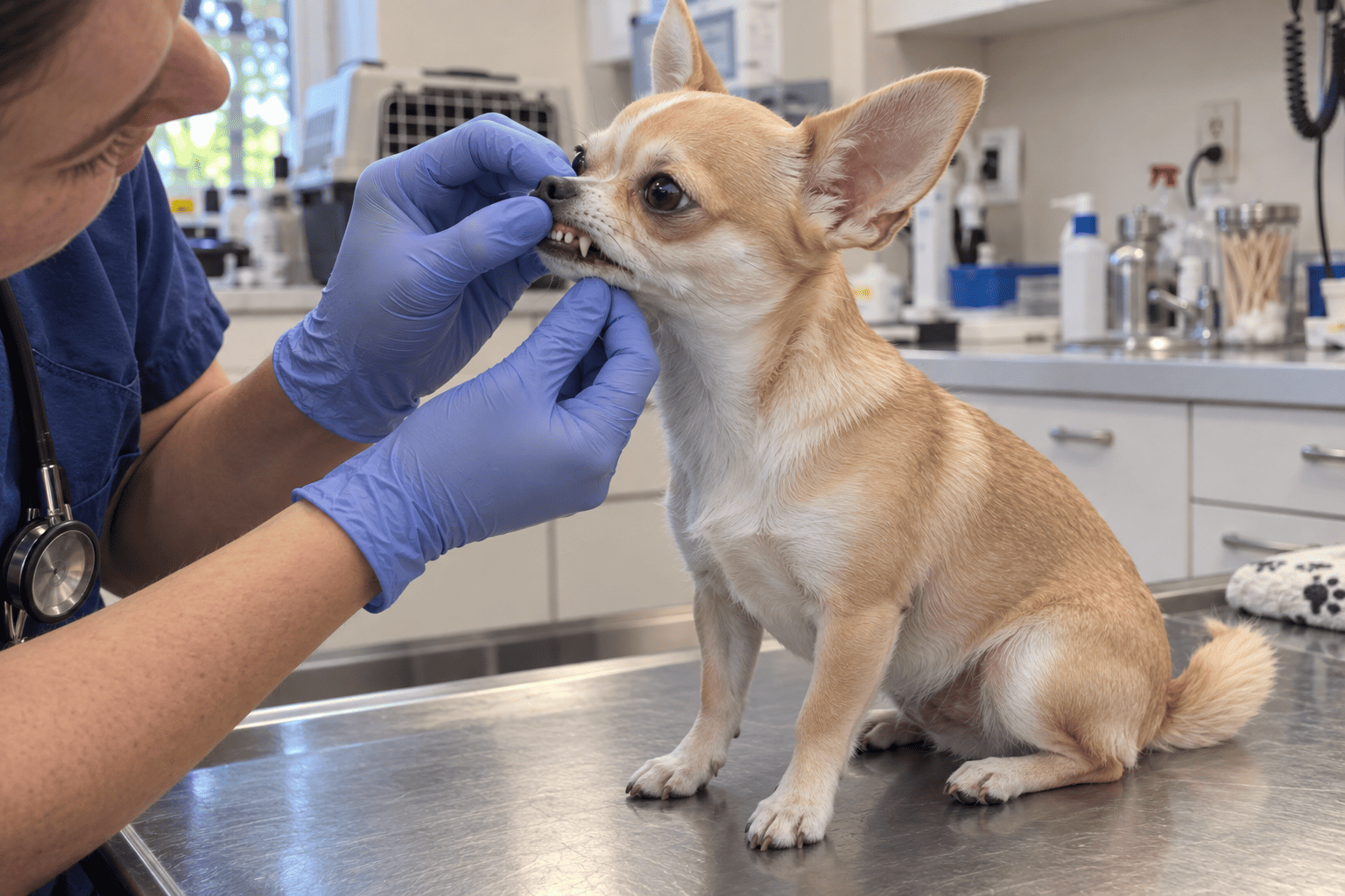 Veterinár šetrne vyšetruje papuľu malej čivavy na klinike